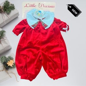 VTG NWT LITTLE PRECIOUS Holiday Red Velour Puritan Collar Bubble Romper 6-9month